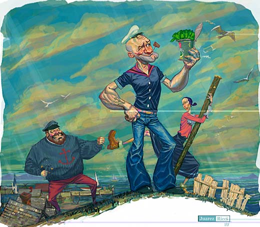 Awesome caricature of Popeye, Olive and Brutus