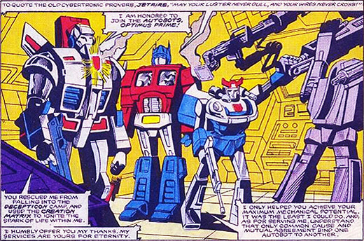 Jetfire receives the Autobrand from Optimus Prime, Prowl and Mirage, and mentions the Transformers “Spark” for the first time in Marvel Comics Transformers #14.